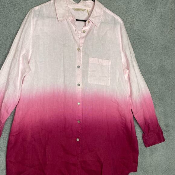 Soft Surroundings 100 linen pink ombre tunic button up tunic long sleeve beach L - Picture 9 of 10